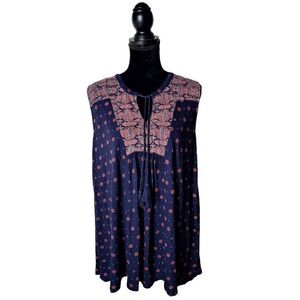 Lucky Brand 2X Navy Blue Flowy‎ Boho Sleeveless Shirt Tie Neck Top